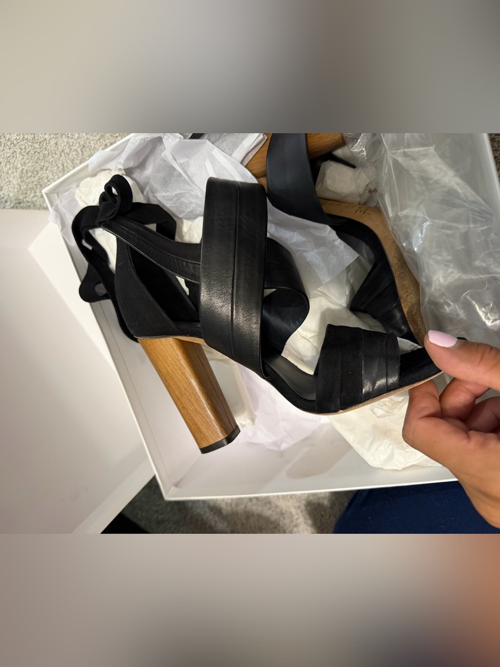 Vince Black Leather Strappy Block Heel Sandals with Wood-Look Heel